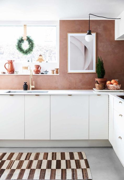 After working on festive shoots for weeks, the Danish stylist who owns this home wanted something far less flash for her family’s celebrations. Terracotta Kitchen Walls, Terracotta Kitchen, Terracotta Walls, Ultra Modern Homes, Homes To Love, Kitchen Wall Colors, Futuristic Furniture, Kitchen Color, Kitchen Paint