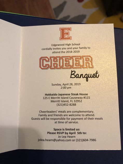 Cheer Banquet Invite 2019 Cheer Banquet Award Ideas, High School Cheer Banquet Ideas, Dance Banquet Ideas, Cheerleading Banquet Ideas, Cheerleading Banquet, Dance Team Banquet, Banquet Invitations, Banquet Program, Cheer Banquet Ideas