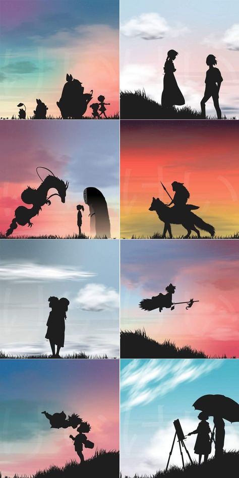 Ghibli Silhouettes World ~.~ Totoro Characters, Studio Ghibli Crafts, Drought Resistant Plants, Ghibli Artwork, Silhouette Illustration, Hayao Miyazaki, Silhouette Art, Miyazaki, Movie Characters