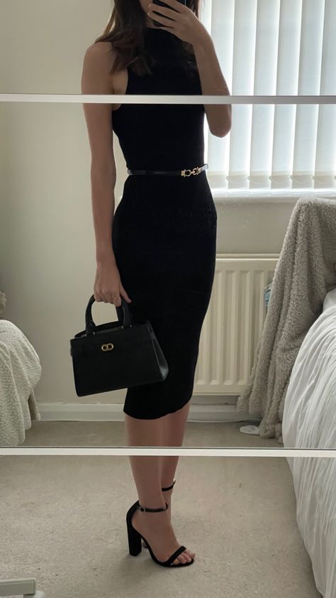 Black knit long elegant bodycon dress with black and gold waist belt with charles keith black and gold bag quiet luxury dress old simple chic outfit Gold Waist Belt, Elegant Bodycon Dress, Dinner Outfit, Gold Bag, Simple Chic, Dinner Outfits, Charles Keith, Chic Outfit, Quiet Luxury