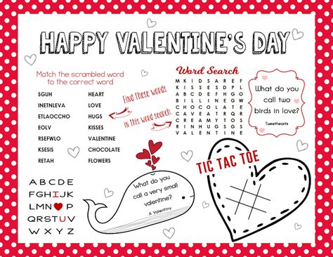 Valentine's Day Activity Sheet for Kids - Free Printable - Laminate and use as place mats for years to come! Kids Valentines Activities, Scramble Words, Activity Placemat, Valentines Day Words, Valentines Games, Valentine Activities, Room Mom, Valentines Printables Free, Activity Mat