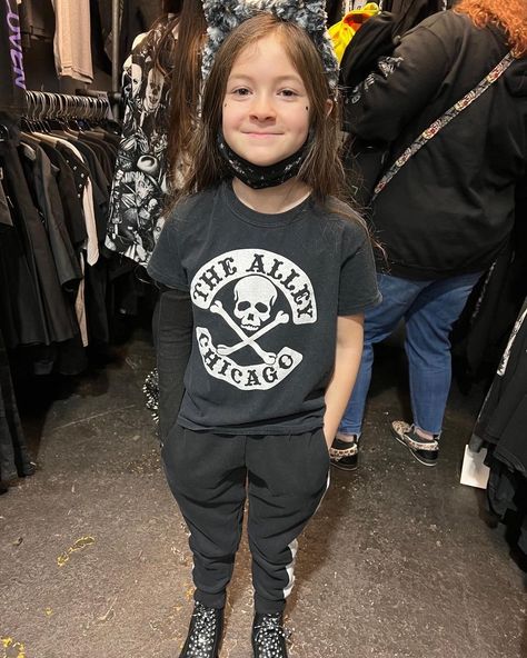 👀 👀 How cute does Eliana look in her NEW Alley Kids Tshirt? 💝 💰Kids Tshirts - $15.95! #thealleychicago #gothic #goth #GothAesthetic #grunge #punk #thealley #punkfashion 📍2620 W.Fletcher - Chicago, IL Scene Kid Fashion, Grunge Kids, Kids Inspo, Goth Kids, Goth Look, Kids Tshirt, Emo Kid, Wearing All Black, Black Goth