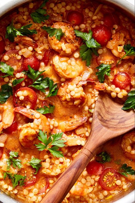 One-Pan Shrimp and Pearl Couscous With Harissa Recipe - NYT Cooking Harissa Shrimp Recipe, Harissa Shrimp, Shrimp Couscous, Seafood Entree, Harissa Recipe, Pearl Couscous Recipes, Nyt Recipes, Pan Pasta, Harissa Recipes