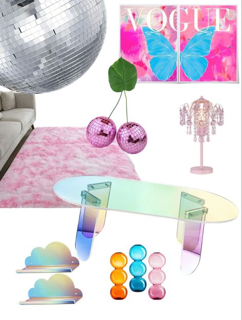 Barbie Y2K Living Room Decor Barbie Aesthetic Barbiecore Pink Iridescent Coffee Table Viral Iridescent Cloud Floating Shelves Barbie Inspo Pink Fluffy Rug Disco Ball Retro Barbie Core Home Decor, Y2k Interior Design, Y2k Interior, Ball Coffee Table, Cherry Disco, Vogue Wall, Maximalist Room, Interior Design Accessories, Pink Chandelier