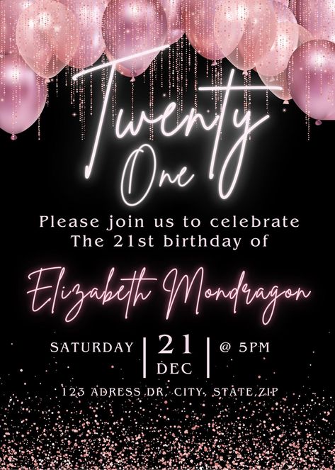 🌟🖤 Elevate Your 21st Birthday Bash with Our Glamorous Black & Pink Sparkly Invitation Template! 🖤🌟 Make a bold statement with your 21st birthday party using our stunning digital invitation template! This chic design combines a sophisticated black background with vibrant pink and sparkling details, ensuring your celebration is as unforgettable as you are. Why You'll Love This Template: ✨ Dazzling Design: The sleek black backdrop is adorned with eye-catching pink sparkles and shimmering accents, creating a glamorous and high-energy vibe that's perfect for your milestone celebration. 💖 Fully Customizable: Easily personalize every detail, from the event details to the color scheme, to match your unique party style. Effortlessly adjust text and elements to create an invite that's perfectly Pretty In Pink 21st Birthday Party, 21st Black Out Party, Black And Pink Birthday Invitations, Pink Party Invites, Pink And Black Birthday Invitations, Black And Pink 21st Birthday, Pink And Black Invitations, Pink And Black 21st Birthday Party, 21st Birthday Invitations Templates Free