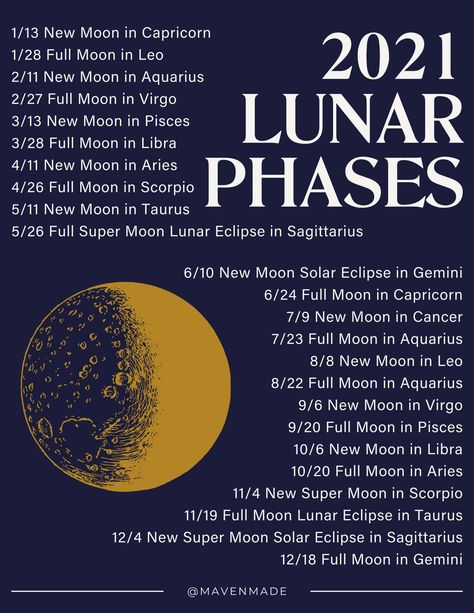 A list of lunar phases in 2021 with Astrological influences and eclipses noted. From Maven Made. Full Moon In Libra, Moon Chart, New Moon Phase, Moon Magick, Moon In Aquarius, Moon Rituals, Lunar Phases, New Moon Rituals, Moon Journal