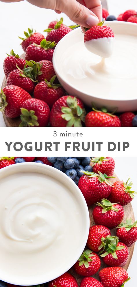 This easy yogurt fruit dip uses only 3 simple ingredients and is made in about 2 minutes. It's creamy and perfectly sweet with plenty of vanilla, making it taste a bit like frosting! Great for dessert, a snack, or to serve guests with a fruit tray. No refined sugar. #healthy #snack #party #realfood #yogurt Healthy Fruit Dip, Yogurt Fruit Dip, Healthy Frosting, Pizza Fruit, Easy Fruit Dip, 40 Aprons, Fruit Dips Recipes, Fruit Yogurt, Fruit Dip