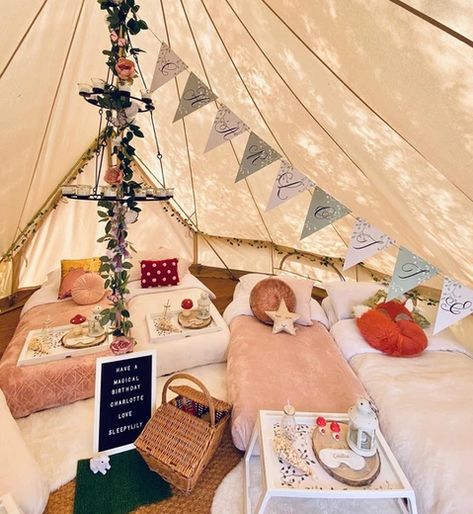 Bell Tent Interior, Bff Sleepover, Glamping Birthday Party, Glamping Birthday, Slumber Party Birthday, Kids Sleepover, Canvas Bell Tent, Indoor Tents, Tent Party