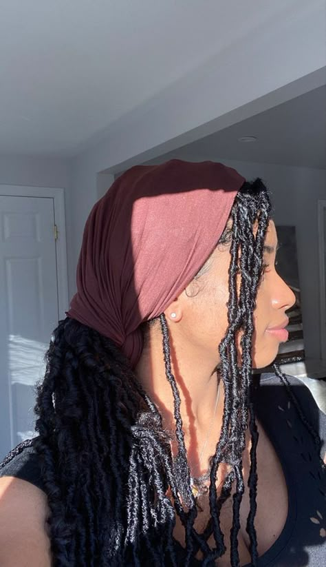 36 Beautiful Soft Locs Hairstyles For 2023 - Happily Curly Soft Locs Headwrap, Faux Locs Wrap Styles, Faux Locs Head Wrap, How To Style Soft Locs With Scarf, Aesthetic Loc Hairstyles, Soft Locs With Head Wrap, Headwrap Locs Styles, Bandana Hairstyles With Locs, Dreads Head Wrap