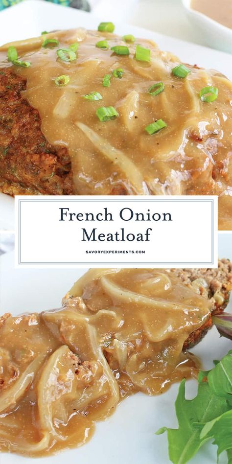 French Onion Meatloaf uses a blend of spices with caramelized onions and a savory onion gravy. The ultimate comfort meal. #frenchonionmeatloaf #homemademeatloaf #meatloafrecipe www.savoryexperiments.com French Onion Meatloaf, Gourmet Comfort Food, Homemade Meatloaf, Classic Meatloaf Recipe, Good Meatloaf Recipe, Best Meatloaf, Onion Gravy, Meatloaf Recipe, Minced Meat