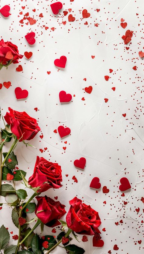 Premium Photo | A white background with red roses and scattered hearts Pretty Red Background, Red And White Background Design, Red Rose Background, Red Heart Wallpaper, White Roses Background, Red Rose Wallpaper, Red Roses Background, Red And White Wallpaper, Roses Background