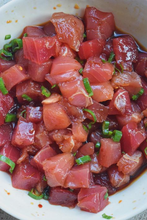 Spicy Ahi Tuna Poke - The Migoni Kitchen Spicy Tuna Sashimi, Spicy Ahi Poke Recipe, Ahi Tuna Poke Bowl Recipe, Spicy Ahi Tuna, Spicy Tuna Poke, Tuna Poke Recipe, Ahi Tuna Poke Bowl, Sushi Stacks, Tuna Poke Bowl Recipe