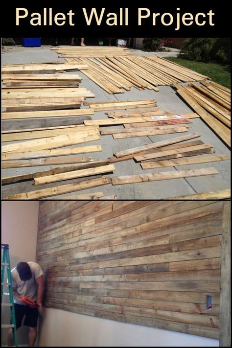 Put up a pallet wall with this easy and inexpensive DIY project! Bar Pallet, Timber Feature Wall, Diy Pallet Decoration, Wood Feature Wall, Diy Pallet Wall, Wood Pallet Wall, Prayer Wall, Pallet Creations, Pallet Decor