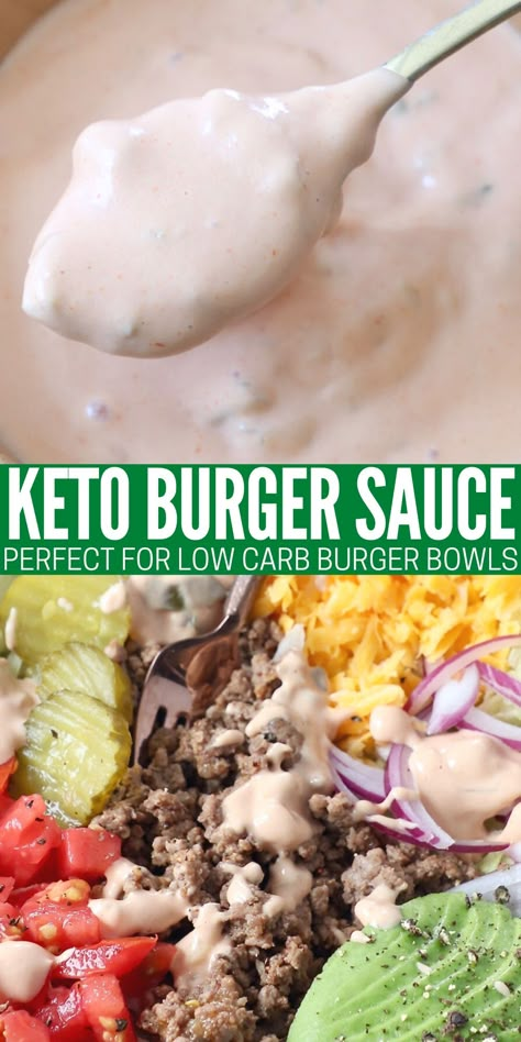 Make THE BEST classic burger sauce at home with this 4 ingredient recipe that's low carb and easy to make in only 5 minutes! This "secret sauce" is perfect for topping burgers, bowls and more. Bunless Burger Ideas, Chili Burgers Recipe, Bunless Burgers, Keto Sauce, Burger Sauces Recipe, Chili Burger, Smash Burger Recipe, In And Out Burger, Bunless Burger