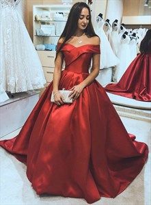 Red Ball Gown Elegant, Red Prom Dress Ballgown, Red Bride Dress, Red Prom Gown, Knot Board, Red Satin Gown, Off The Shoulder Prom Dress, Red Formal Gown, Gown Neckline