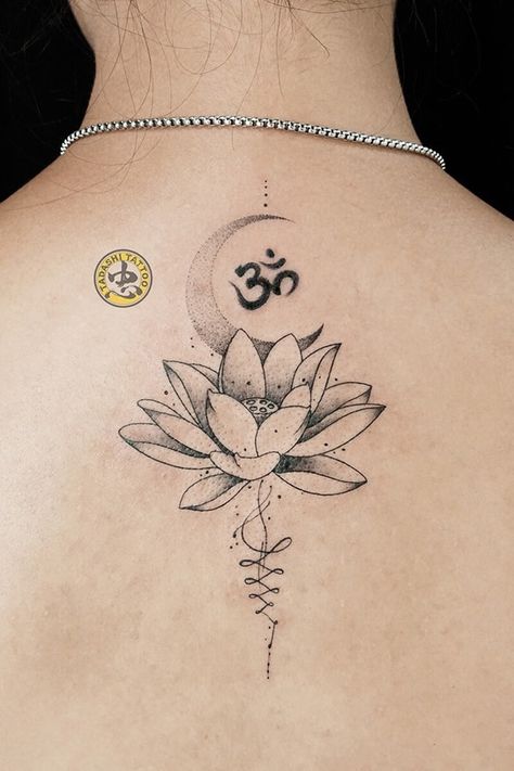 Om Lotus Moon Tattoo, Lotus Tattoo Design For Women, Moon And Lotus Tattoo, Lotus Tattoo Ideas For Women, Om Lotus Tattoo, Unalome Tattoos, Lotus Unalome, Om Tattoo Design, Sunflower Tattoo Sleeve