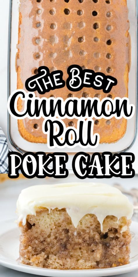 Cinnamon Roll Poke Cake starts with a box of cake mix and followed by a creamy cinnamon sugar filling and topped off with a delicious cream cheese frosting. This easy sheet cake will soon become a family favorite recipe! Carmelized Chuck Roast In Oven, East Birthday Cakes, Butter Recipe Cake Mix Recipes, Pole Cake Recipes, Strawberry Poke Cake With Pudding, Old Appalachian Recipes, Cake Mix Poke Cake Recipes, Last Minute Desserts Quick, Sheet Pan Cakes