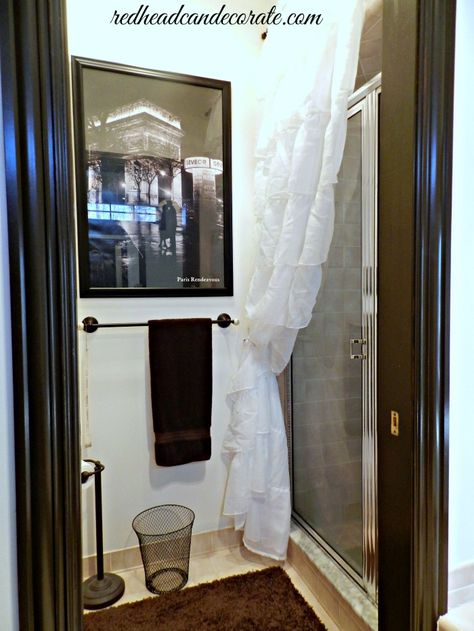 Ruffled Curtain Over Glass Shower Door | Redhead Can DecorateRedhead Can Decorate Glass Shower Door Curtain Ideas, Shower Door Decorating Ideas, Shower Curtain Over Shower Door, Shower Curtain Over Glass Door, Shower Curtain Over Glass Door Ideas, Bathroom Shower Decor, Curtain For Door, Bathroom Favorites, Bathroom 2023