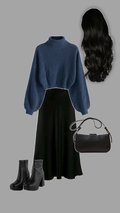 #outfit #grwm #autumn #style Blue Skirt Outfits, Minimalistic Outfits, Blue Outfits, Modesty Outfits, Winter Fashion Outfits Casual, Thrifted Outfits, Everyday Fashion Outfits, Modest Fashion Outfits, Professional Outfits