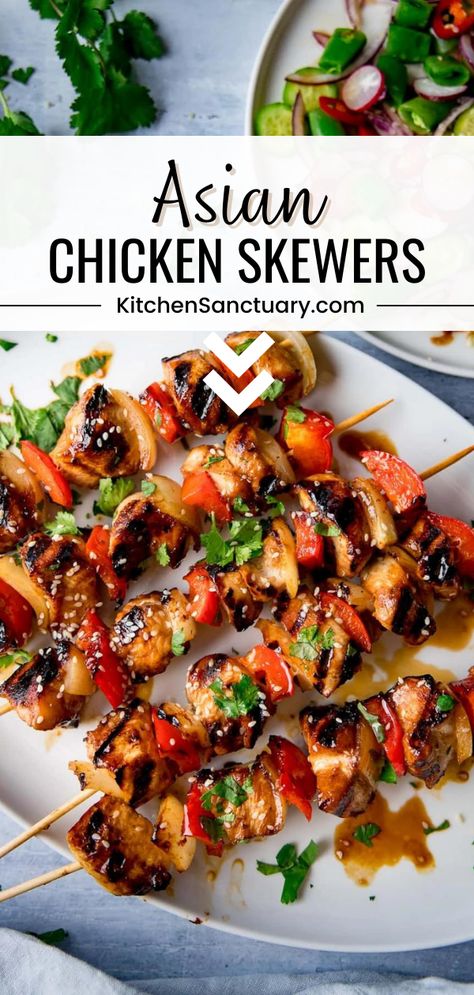 Asian Kebab Recipes, Asian Chicken Kabobs On The Grill, Chicken On Skewers Kabob Recipes, Sweet Chili Chicken Skewers, Bbq Asian Chicken, Honey Soy Chicken Skewers, Asian Chicken Skewers Grilled, Filipino Chicken Skewers, Mini Chicken Skewers Appetizers