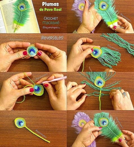 Crochet Peacock Feather, Crochet Peacock, Peacock Crochet, Diy Macrame Earrings, Diy Dream Catcher Tutorial, Crochet Feather, Feather Yarn, Crochet Cord, Feather Crafts