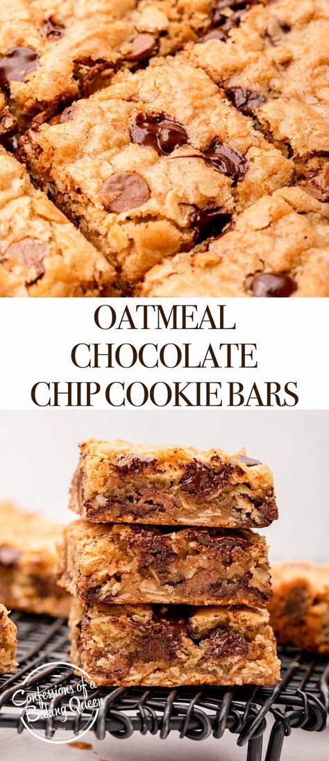 These tasty oatmeal chocolate chip bars are super easy and quick to make! Step-by- step photos teach you how to bake these cookie bars! Oatmeal Cookie Bars Recipes, Oatmeal Chocolate Chip Cookie Bars, Oatmeal Chocolate Chip Bars, The Best Oatmeal, Oatmeal Cookie Bars, Best Oatmeal Cookies, Chocolate Covered Espresso Beans, Baker By Nature, Chocolate Chip Bars