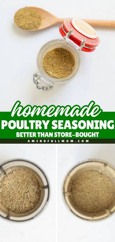 This Homemade Poultry Seasoning is an easy seasoning recipe that's simple yet a flavorful blend of dried herbs that adds incredible depth to chicken, turkey, and more! Pin this homemade seasoning idea! Grilled Chicken Seasoning Recipes Simple, Diy Poultry Seasoning, Homemade Chicken Seasoning, How To Make Poultry Seasoning, Diy Poultry Seasoning Recipe, Poultry Seasoning Recipe Simple, Homemade Poultry Seasoning, Montreal Chicken Seasoning Recipe, Homemade Poultry Seasoning Recipe