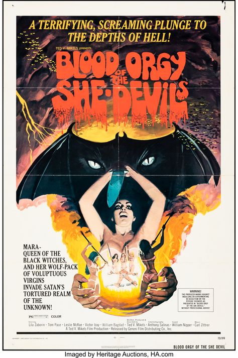 Blood Orgy of the She-Devils (Geneni, 1972). Folded, Fine/Very Fine. One Sheet (27" X 41"). Horror. Starring Lila Zaborin, Victor Izay, Tom Pace, Leslie McRae, William Bagdad, Ray Myles, Kebrina Kincade, and Paul Wilmoth. Directed by Ted V. Mikels. World's Largest Collectibles Auctioneer Horror Vhs, Sunday Movies, Vhs Cover, Movie Horror, Horror Posters, Black Witch, Movie Director, Horror Movie Posters, Vintage Horror