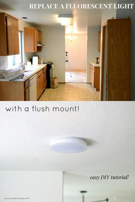 How to replace a fluorescent light with an LED flush mount - kitchen update tutorial! / Create / Enjoy Fluorescent Kitchen Lights, Lamp In The Kitchen, Flourescent Light, Lighting Makeover, Celing Light, Fluorescent Light Fixture, Condo Design, Kitchen Ceiling Lights, Happier Life