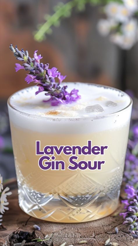 Lavender Gin Sour Lavender Whiskey Sour, Gin And Lavender Cocktail, Sage Gin Cocktails, Lavender Gin Fizz, Lavender Simple Syrup Cocktails, Cocktails With Lavender Syrup, Easy Gin Cocktails Recipes, Lavender French 75, Purple Gin Cocktail Recipes