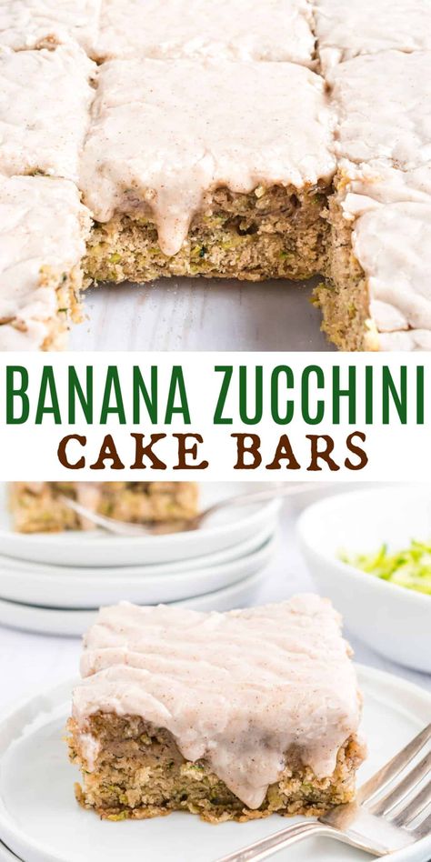 Grab some fresh zucchini from your garden, the farm stand or your grocery store. These Zucchini Banana Bars with a creamy cinnamon glaze are begging to be made! Zucchini Breakfast Bars, Banana Zucchini Bundt Cake, Gluten Free Banana Zucchini Cake, Zucchini Banana Cake Recipe, Zucchini Banana Bars, Gluten Free Zucchini Bars, Zucchini And Banana Recipes, Zucchini Banana Recipes, Banana Bars Healthy