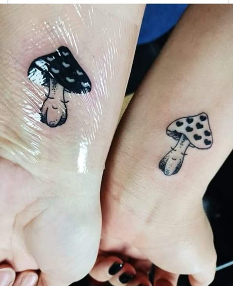 Matching Mushroom Tattoo Ideas, Tiny Mushroom Tattoo Matching, Matching Mushrooms Tattoo, Couples Mushroom Tattoo, Matching Mushroom Tattoos For Best Friends, Mushroom Friend Tattoos, Best Friend Mushroom Tattoo, Mushroom Best Friend Tattoo, Matching Witchy Tattoos For Best Friends