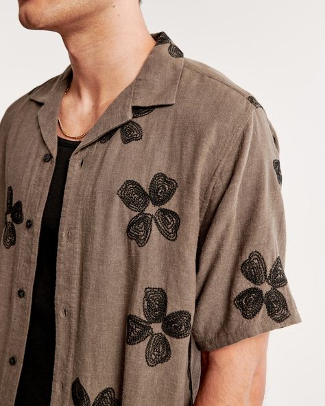 Men's Camp Collar Summer Linen-Blend Embroidered Shirt | Men's Tops | Abercrombie.com Embroidered Relaxed Fit Casual Camp Shirt, Embroidered Camp Shirt With Relaxed Fit, Embroidery Designs Tshirt, Embroidery Men’s Shirts, Embroidered Button-up Camp Shirt For Summer, Linen Printed Shirt Men, Cotton Embroidered Shirt With Camp Collar, Gents Wear, Mens Linen Outfits