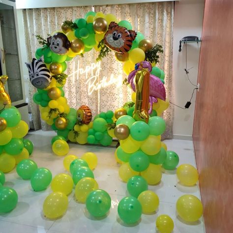 jungle theme birthday decoration at home Thane Location Booking Call 7021979252 Jungle Book Theme Birthday Party, Jungle Theme Birthday Decoration, Book Theme Birthday Party, Jungle Book Theme, Book Theme Birthday, Theme Birthday Decoration, Jungle Theme Birthday Party, Birthday Decorations At Home, 1st Birthday Balloons