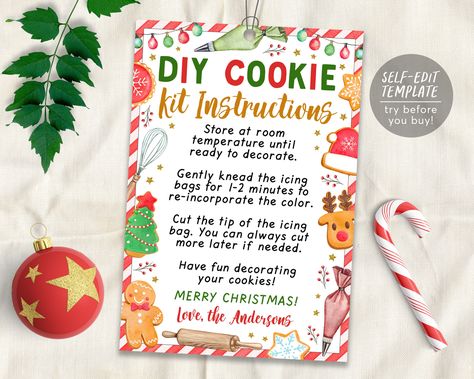 Diy Cookie Kit Instructions, Cookie Kit Instructions, Diy Cookie Kit, Printables Etsy, Cookie Decorating Kit, Cookie Decorating Party, Decorating Party, Merry Christmas Diy, Cookie Kit