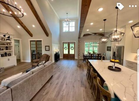 Barndo Entryway, Barndominium Room Ideas, Modern Farmhouse Open Floor Plan Decor, Open Concept Kitchen Living Room Barndominium, Barndominium With Foyer, Open Floorplan Interior Design, Main Floor Layout Open Concept, Open House Interior, Barndominium Kitchen Open Concept