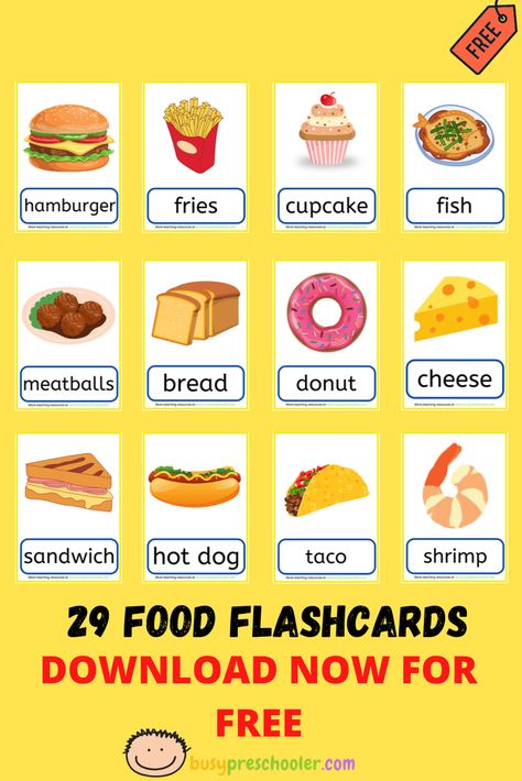 Food Flashcards Free Printable, Food Flashcards, Meatball Sandwich, Printable Flashcards, Restaurant Dishes, Printable Flash Cards, Shrimp Tacos, Bright Ideas, Cheese Bread