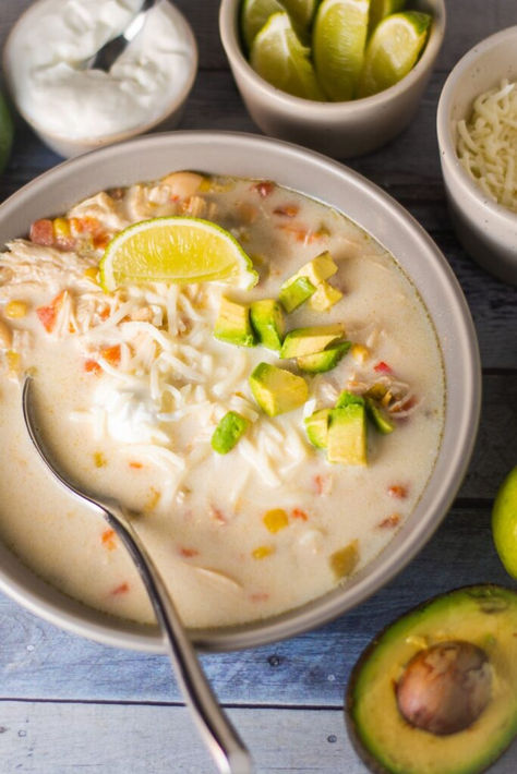 Bobby Flay White Chicken Chili Crockpot Chicken Taco Soup, Chicken Chili Soup, Creamy Chicken Chili, Low Carb Slow Cooker Recipes, Chicken Taco Soup Recipe, White Chicken Chili Recipe, Chicken Chili Crockpot, Keto Crockpot, Comfort Soup Recipes