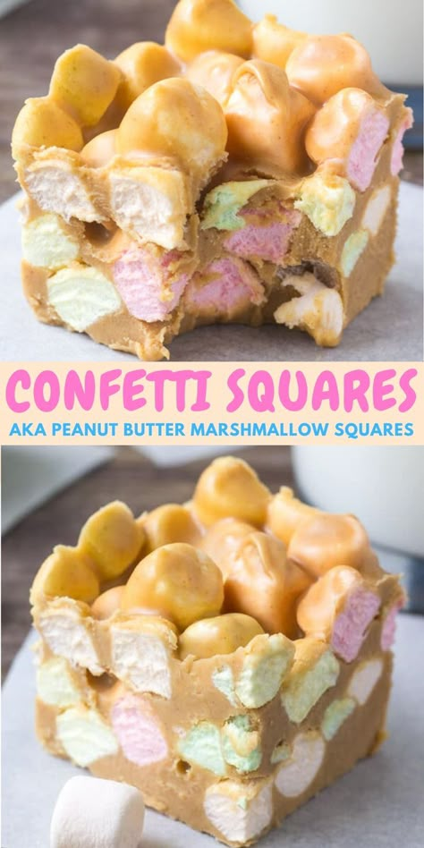 Collage of 2 photos of peanut butter marshmallow squares Marshmallow And Peanut Butter Squares, Butterscotch Peanut Butter Marshmallow, Marshmellow Squares Peanut Butter, Peanut Marshmallow Squares, Peanut Butter Marshmallow Squares Recipe, Butterscotch Marshmallow Squares Recipe, Confetti Squares Recipe, Marshmellow Peanutbutter Squares Easy, Marshmallow Confetti Squares