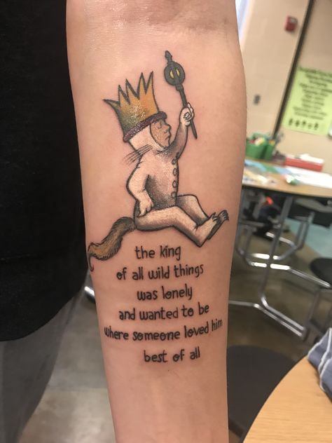 Where the wild things are!! #bobdodgetattoos #bobdodge #wherethewildthingsare #quotetattoo #momtattoo #sontattoo #colortattoo #tattoos #redsparrowgallery #girlswithtattoos #maxtattoo Tattoo Where The Wild Things Are, Max Tattoo Where The Wild Things Are, Where The Wild Things Are Tattoos, Max Where The Wild Things Are Tattoo, Wild Thing Tattoo, Wild Things Tattoo, Where The Wild Things Are Tattoo, Childhood Tattoo Ideas, Etching Tattoo Linework