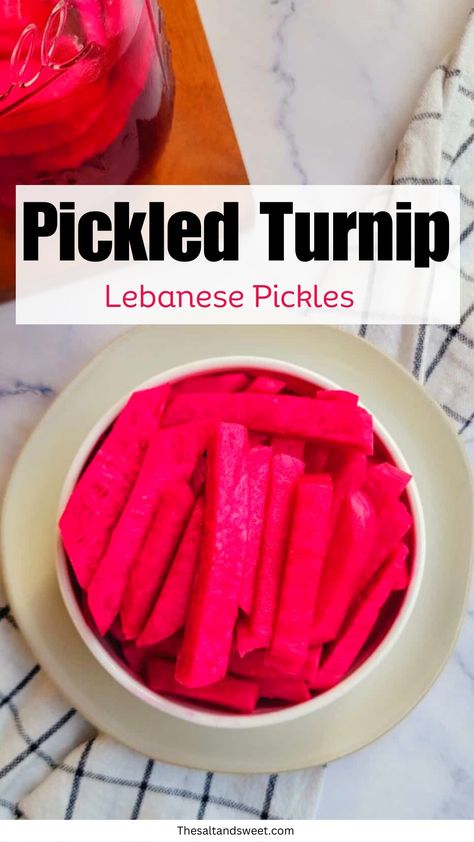 Get ready to fall in love with this Lebanese Pickled Turnips recipe! These crunchy, tangy, pink turnips are perfect for jazzing up falafel, shawarma, and any meal that would call for pickle! Lebanese Pickled Vegetables, Pickled Turnips Lebanese Recipe, Pickled Turnips Recipe, Pickle Turnips, Pickled Turnips Lebanese, Lebanese Pickles, Falafel Shawarma, Turnips Recipe, Fermenting Recipes