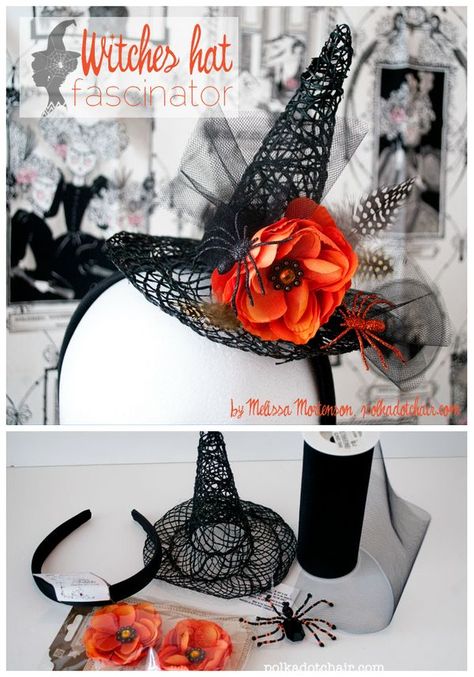 DIY Witch's Hat Fascinator. Cute idea for a Halloween costume for for something to wear to a Halloween Party. Winter Wonderland-party, Witch Costume Diy, Moldes Halloween, Polka Dot Chair, Witch Costumes, Witch Diy, Adornos Halloween, Hat Fascinator, Witch Halloween Costume