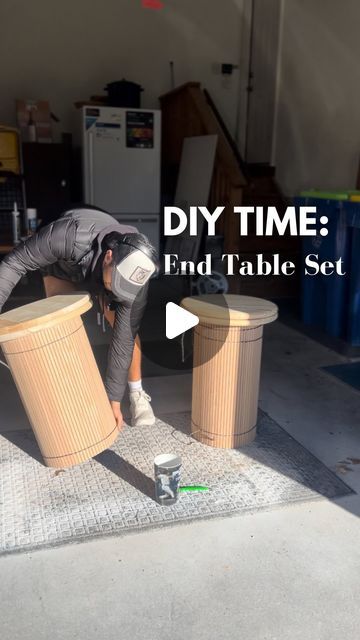 Connor Sweeney | Furniture Flipper on Instagram: "put your DIY hat on and watch me turn these four wooden rounds into a set of stylish end tables 🎩✨  This is a fairly simple DIY that can get you west elm inspired end tables for just a fraction of the price 💸  Think you can tackle this project? Let me know your thoughts and ask any questions you may have in the comments! 🫶🏻🔨 • • • • • • • #furnitureflip #furnituremakeover #paintedfurniture #upcycledfurniture #furniture #furniturerestoration #upcycle #furnitureartist #homedecor #furnituredesign #diy #refinishedfurniture #vintagefurniture #vintage #chalkpaint #interiordesign #chalkpaintedfurniture #beforeandafter #furniturepainter #refurbishedfurniture #handpaintedfurniture #upcycled #upcycling #fusionmineralpaint #diyhomedecor #handpain Wooden Coffee Table And End Tables, Diy Round Side Table Night Stands, Custom End Table, How To Make A Side Table, Alternative End Table Ideas, Diy Round Accent Table, Side Table Decor Living Room Diy, Diy Round Bedside Table, Diy Side Tables In Living Room