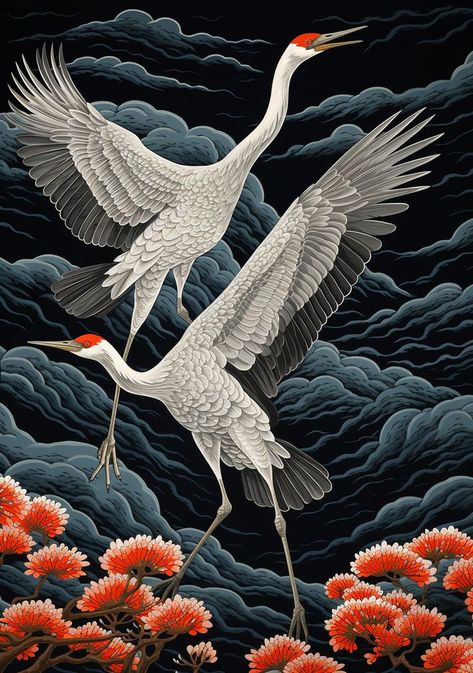 Artwork showcasing a pair of cranes flying amidst a backdrop of intricately detailed patterns. Drawing inspiration from Hiroshi Nagai's elegant realism, the piece captures the essence of a joyful celebration of nature in shades of dark white and gray. Hiroshi Nagai, Beautiful Flower Drawings, Chinese Art Painting, Art Nouveau Tiles, Dark White, Crane Bird, Dance Art, Tshirt Art, Box Art