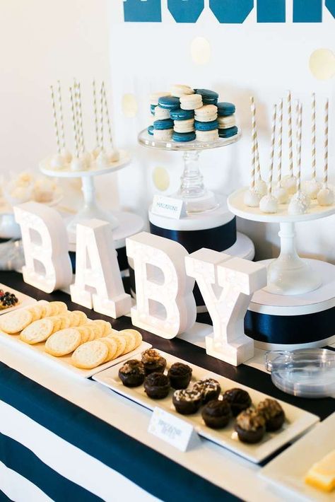 Lovely dessert table at a navy and gold baby shower! See more party planning ideas at CatchMyParty.com! Gold Dessert Table, Baby Shower Unique, Baby Shower Dessert, Unique Baby Shower Themes, Baby Shower Dessert Table, Boy Baby Shower Ideas, Baby Shower Prizes, Shower Desserts, Trendy Baby Shower Ideas