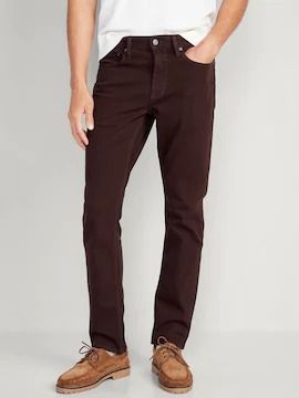 Men's Clothing Sale | Old Navy Brown Pants Men, Navy Pants Men, Dark Academia Clothing, Burgundy Jeans, Leg Model, Brown Pants, Dark Khaki, Jeans Mens, Slim Leg