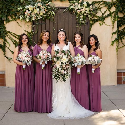 Get inspired by dark autumnal blooms, bright shades of raspberry, & the rich tint of your favorite wine and find your perfect bridesmaid dresses. Purple Wedding Dress Bridesmaid, Bridesmaid Dresses Different Colors, Raspberry Bridesmaid Dresses, Bridesmaid Dresses Color Palette, Ombre Wedding Dress, Purple Wedding Centerpieces, Fall Bridesmaids, Davids Bridal Bridesmaid Dresses, Purple Wedding Dress