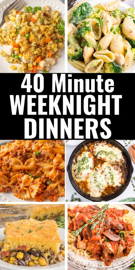 Photo collage of 40 mnute dinner recipes Weekly Dinner Ideas For Two, Simple Weeknight Dinners Families, Dinners To Make For Boyfriend, Super Easy Meals For One, Recipes For Boyfriend Dinner, Simple Friday Night Dinner, Dinner Ideas For Three, American Meal Ideas, What’s Easy To Make For Dinner