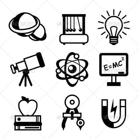 Physics science equipment teaching and studying black and white education icons set isolated vector illustration. Editable EPS and Science Physics Stickers, Physical Science Design, Physics Drawing Ideas, Studying Black And White, Physics Logo Design, Physics Icon, Physics Logo, Physics Stickers, Stem Stickers