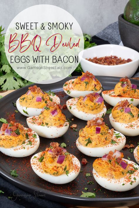 Sweet and Smoky Bacon BBQ Deviled Eggs Recipe | ©GarrisonStreetEats | Sweet | Smoky | Bacon | BBQ | Deviled | Eggs | Recipe | BBQ Deviled Eggs | Summer | Side Dish | Appetizer | BBQ Sides | Holiday Sides | Unique | Fancy | Easy | Gluten Free | Best | Keto | Gourmet | Small Bites | Perfect | Thanksgiving | Christmas | Easter | 4th of July | Egg Appetizer | Healthy Eating | Appetizer Recipes | Bacon Deviled Eggs | Finger Food | Party Food | Cold | Crowd Pleasers | Football | Brunch | Super Bowl Appetizer Recipes Bacon, Party Food Cold, Keto Gourmet, Football Brunch, Finger Food Party, Appetizer Healthy, Egg Appetizer, Devilled Eggs Recipe Best, Bacon Deviled Eggs